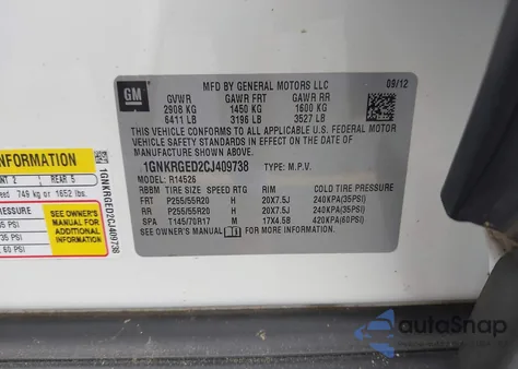 2012 Chevrolet Traverse Lt from USA, damaged, VIN 1GNKRGED2CJ409738